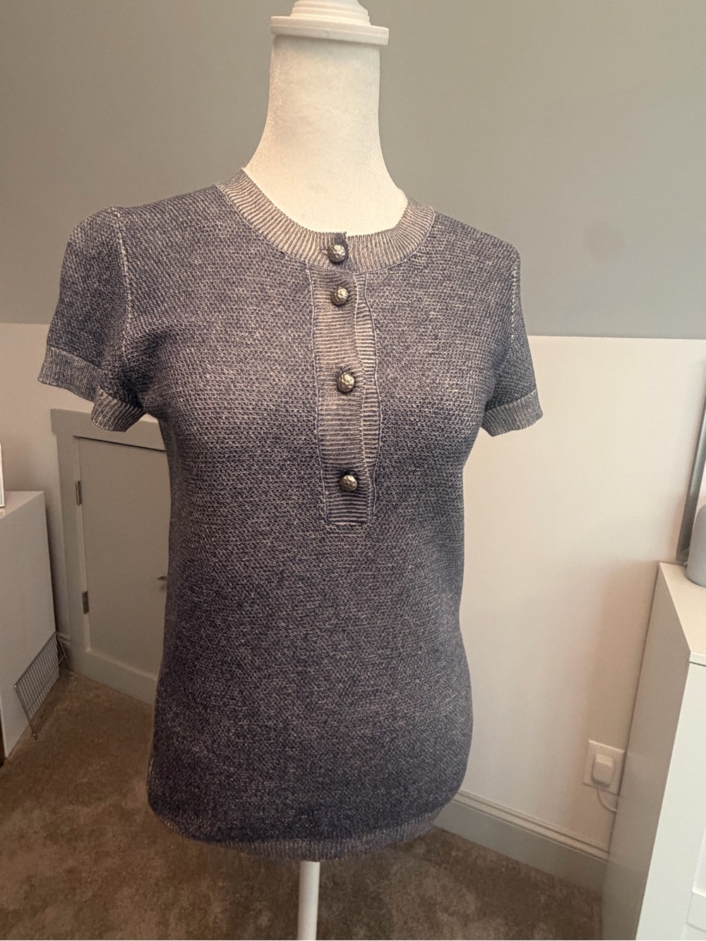 CHANEL Cashmere Cotton Short Sleeve Knit Top Navy Blue Silver Buttons Size 34 FR